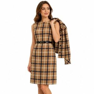 Vintage 60s Nancy Greer Plaid 2 Pc Dress Jacket Suit Set Windowpane Belted Sz 8
